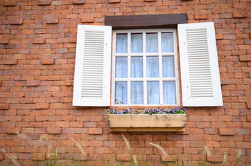 Brick Wall with White Window and flowers