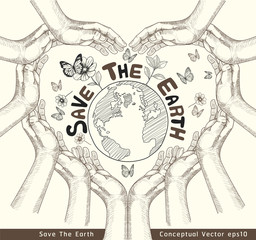 Hands Save The Earth Conceptual. vector illustration.