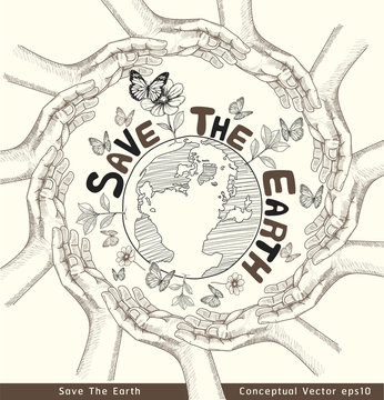 Hands Save The Earth Conceptual. vector illustration.