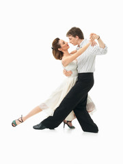 passionate dancing couple on white background