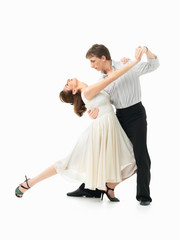 passionate dancing couple on white background