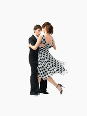 passionate dancing couple on white background