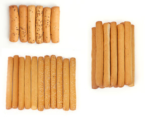 Set of Bread Sticks with different flavors isolated on white