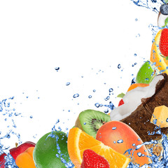 Fresh healthy fruit background with splashing water 