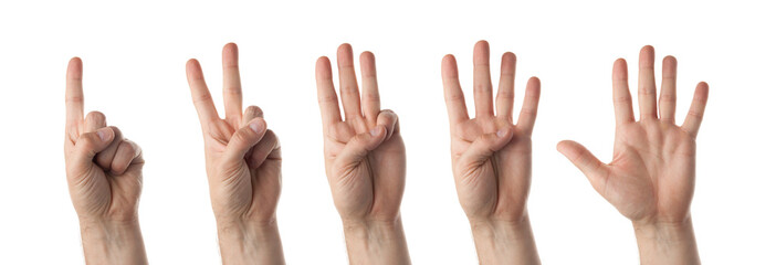 Male hands counting isolated on white