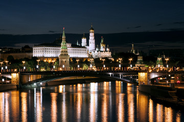 Night view of the Moskva River, Bridge and the Kremlin