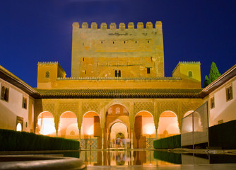 cortyard of Alhambra at night, Granada, Spain