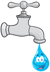 Water Faucet With Smiling Water Drop Cartoon Character