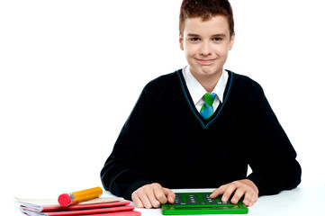 Smiling young boy using calculator