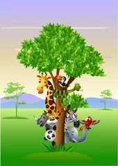 Papier Peint photo Zoo divers animaux de safari drôles de dessins animés pour se cacher derrière un arbre
