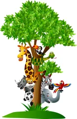 Papier Peint photo Zoo divers animaux de safari drôles de dessins animés pour se cacher derrière un arbre