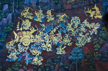 Traditional Thai paintings of Ramayana epic in Wat Phra Kaew (Pu