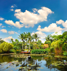 Obraz premium pond with lush tropical plants over cloudy blue sky