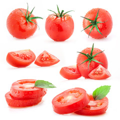 Collection of tomatoes and sliced, isolated on white background