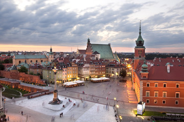 Royal Castle Square in Warsaw old town, at dusk. Poland
