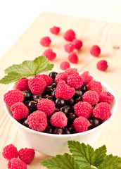 currants and raspberries in a white bowl on a wooden board
