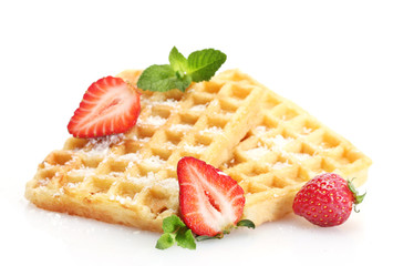 belgium waffles with strawberries and mint  isolated on white