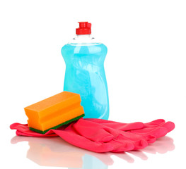 Dishwashing liquid with gloves and sponge isolated on white