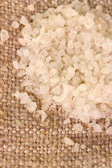 Sea salt on sacking close-up