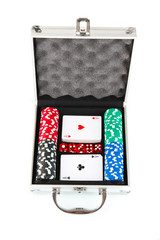 Poker set in metallic case isolated on white background