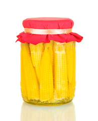 Jar with canned corn isolated on white