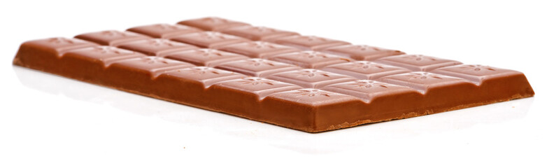 Milk chocolate bar isolated on white background. Side view.