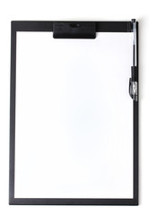 Clipboard with blank paper and pen isolated on white