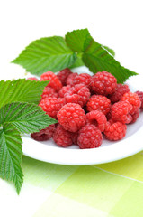 Handful of raspberries with leaves on a white plate