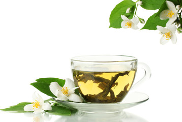cup of green tea with jasmine flowers isolated on white