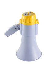Fototapeta premium Yellow and gray megaphone turn upside down on white background.