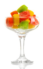 colorful jelly candies in  in cocktail glass isolated on white.
