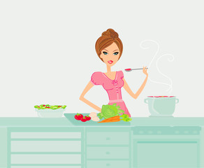 Beautiful lady cooking soup
