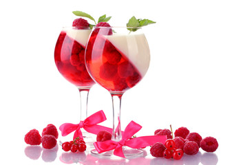 fruit jelly in glasses with raspberries isolated on white