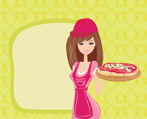 beautiful woman serving pizza