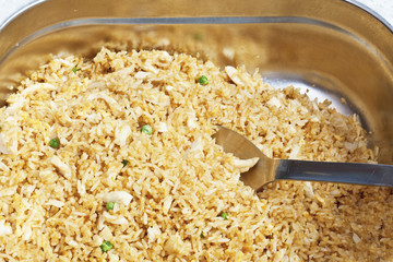 Chinese fried rice with peas and chicken.