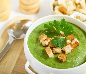 Cream soup and dried crusts, isolated