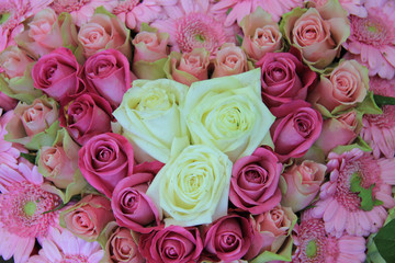 Pink bridal, flower arrangement, roses and gerberas