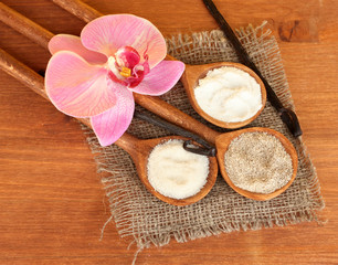 Vanilla pods with vanilla and vanilla sugar in wooden spoons