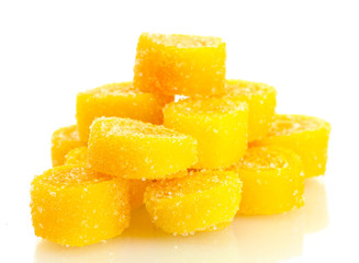 yellow jelly candies isolated on white.