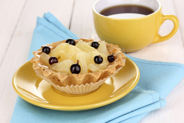 sweet cake with cup of tea on wooden background