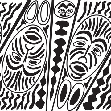seamless black and white pattern with masks in ethnic theme