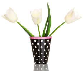 Beautiful tulips in vase isolated on white