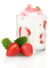 tasty yogurt in glass and strawberries isolated on white