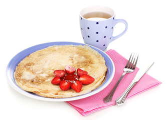 Stack of tasty pancakes isolated on white