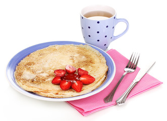 Stack of tasty pancakes isolated on white