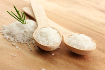 salt in spoons with fresh  rosemary on wooden background