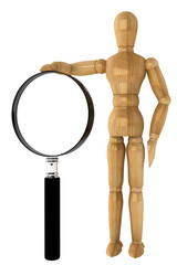 Wooden dummy with magnifying glass
