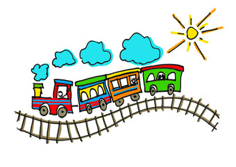 child's drawing representing a train on rails in the sun