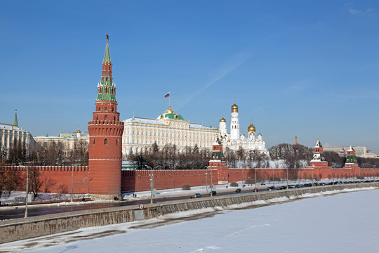Moscow. View of Kremlin with Moskva river in foreground. Winter