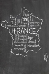France map and words cloud with larger cities